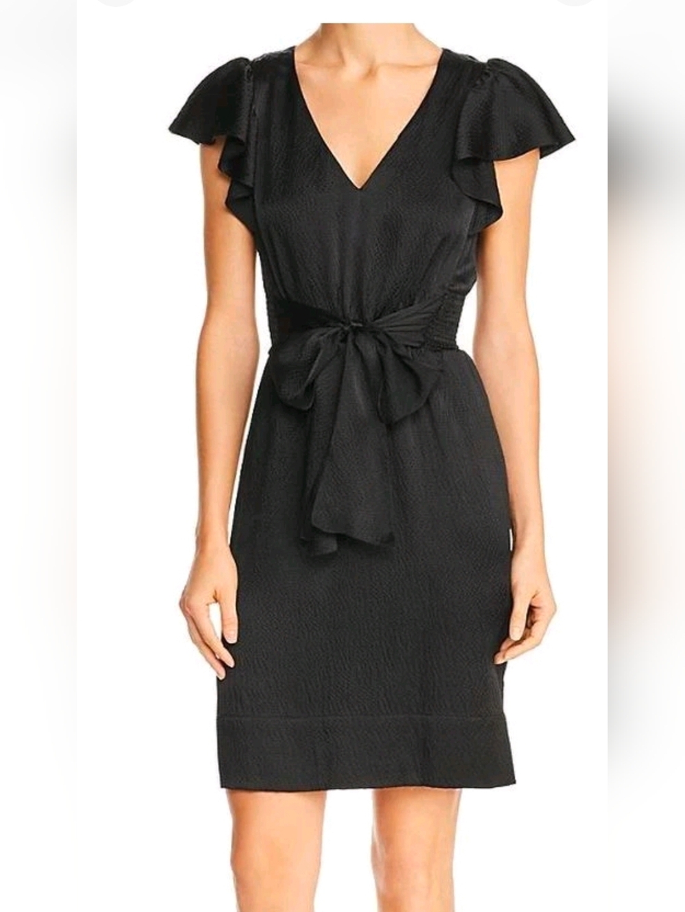 Rebecca Taylor 100% Silk Black V-Neck Tie-Waist Midi Dress